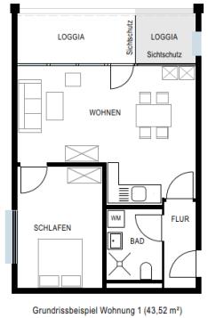 Grundriß einer Wohnung mit ca. 43 m², 2 Zimmer