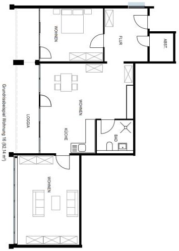 Grundriß einer Wohnung mit ca. 92 m², 3 Zimmer